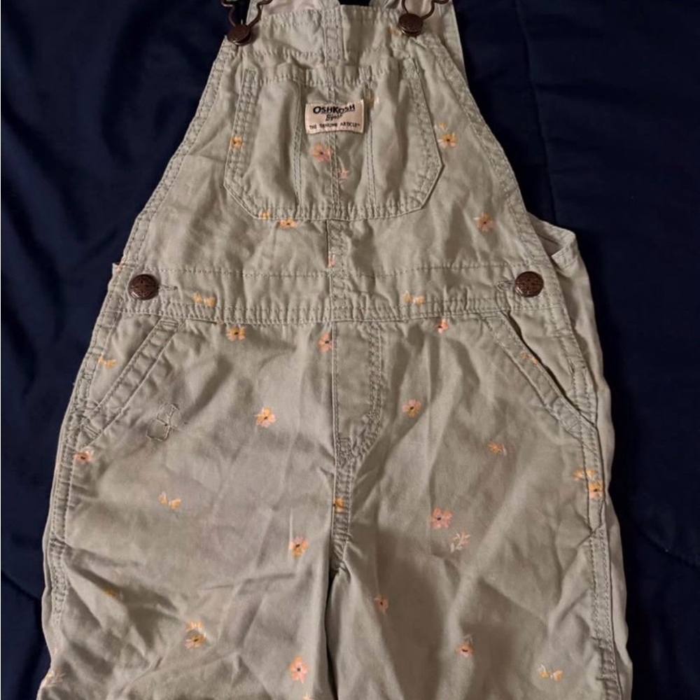 OshKosh B'gosh Mint Green Overalls with Peach Floral Embroidery